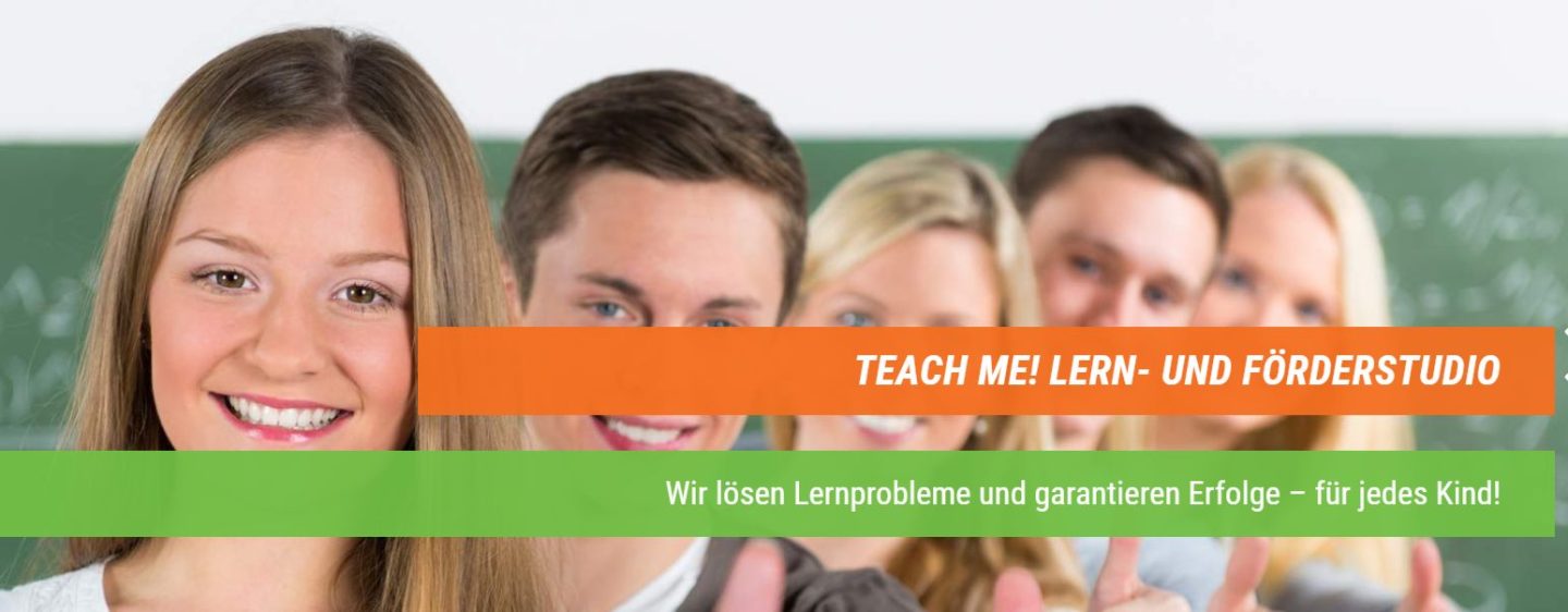 Werbeplakat für das Nachhilfe-Institut Teach me, mit 5 Jugendlichen (3 Mädchen und 2 Jungs)