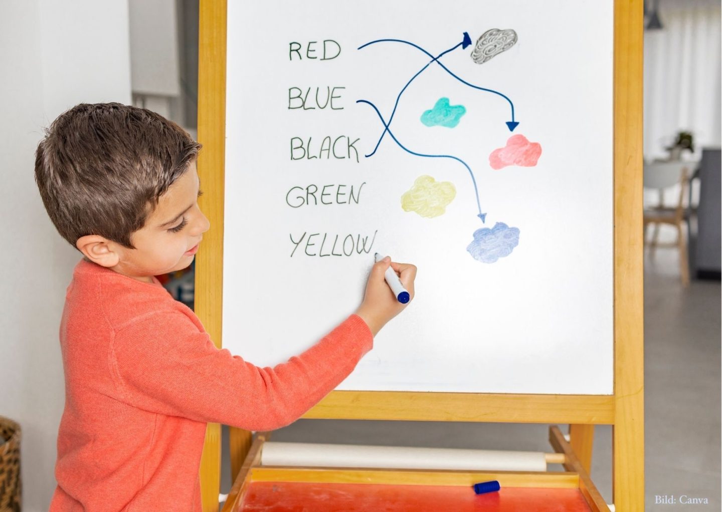 Junge an einer Schreibtafel, wo er Englisch lernt und Farben richtig zuordnet