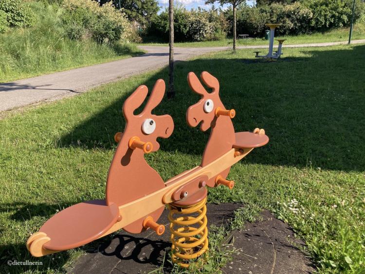 Zweier-Wippe für die Kleinen im Vordergrund, im Hintergrund sieht man ein Fitnessgerät für die Großen. Alles entlang des Spazierweges am Generationen-Spielplatz in Tulln